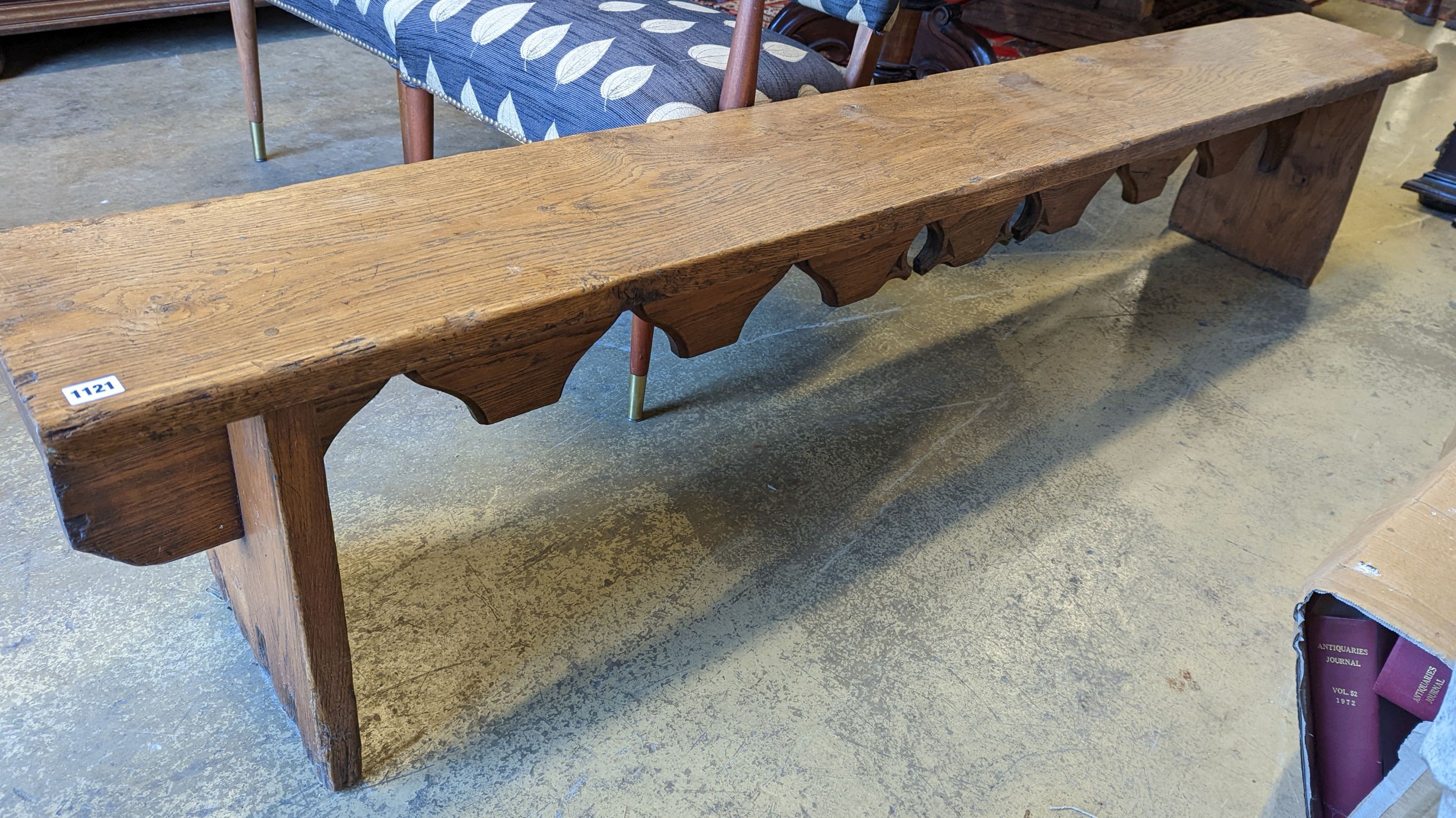 A pair of 18th century style oak benches, length 234cm, depth 30cm, height 46cm